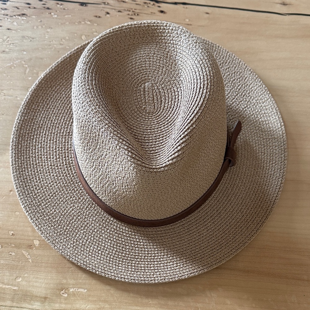 Wide Brim Straw Fedora Hat in Natural with Brown Band